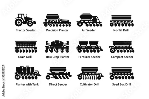 Agricultural equipment icons: tractor seeder, precision planter, air seeder, no-till drill, grain drill
