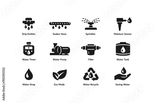 Water conservation icons: drip emitter, soaker hose, sprinkler, moisture sensor, eco mode