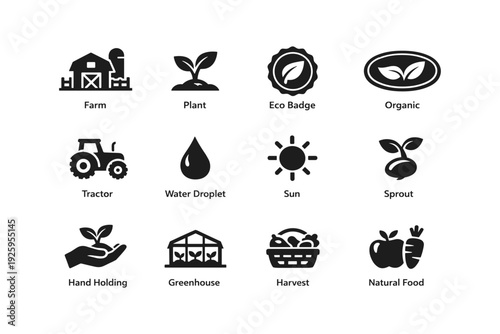Eco-friendly farming icons set: agriculture, plants, organic, harvest, sustainability