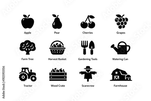 Farm icons set: fruits, tools, and vehicles silhouettes