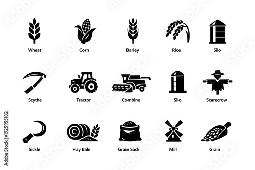 Agricultural icons: wheat, corn, barley, rice, silo, tools, machinery, scarecrow