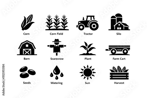 Agriculture icons: corn, tractor, silo, barn, scarecrow, plant, and harvest