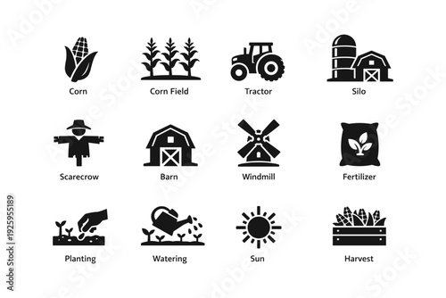 Farm icons set: corn, tractor, silo, barn, windmill, harvest symbols
