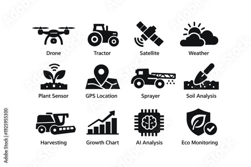 Smart agricultural technology icons: drone, tractor, satellite, weather, and more