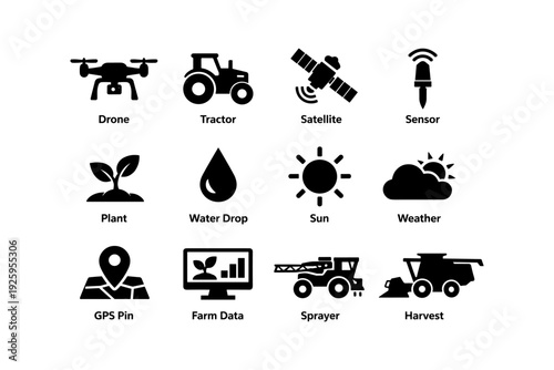 Icons of agricultural technology: drone, tractor, satellite, sensor, and more