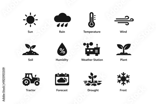 Weather and agriculture icons: sun, rain, wind, temperature, soil, humidity, forecast