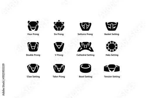 Jewelry ring settings icons: prong, solitaire, halo, bezel, tension designs