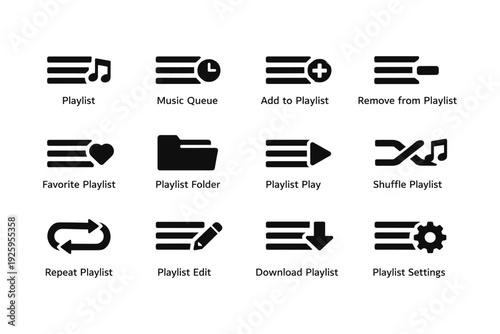 Music playlist icons: queue, add, remove, shuffle, repeat, edit, settings