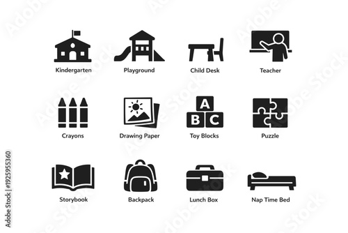 Educational icons set: kindergarten, playground, desk, teacher, crayons, and more