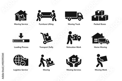 Icon set representing moving services and logistics operations