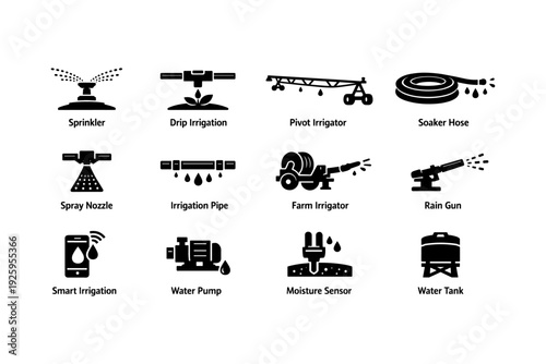 Black icons of irrigation equipment and systems including sprinklers and sensors