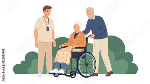 Happy Elderly Woman in Wheelchair with Caregiver and Supportive Family Member