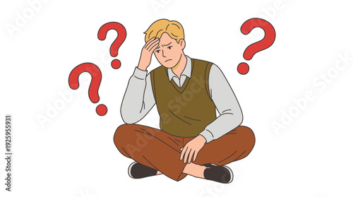 Confused Young Man Thinking Hard with Question Marks. Puzzled Guy Facing Dilemma and Seeking Answers. Problem-Solving Illustration.