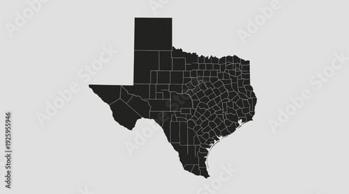 Detailed Texas State Map with All Counties - Black Silhouette on White Background. USA Geographic Outline, Administrative Divisions Vector Graphic.