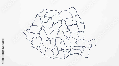 Romania Map Outline with Administrative Divisions and County Borders on White Background