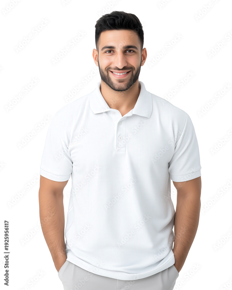 Fototapeta premium A friendly man smiles confidently, wearing a plain white polo shirt, showcasing a positive and approachable demeanor.
