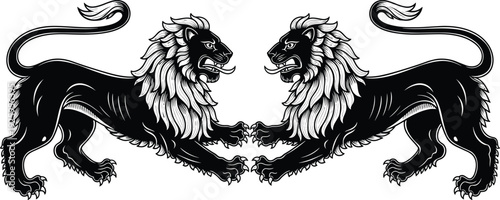 Symmetrical heraldic lions roaring facing each other isolated on white background, detailed royal emblem vector illustration