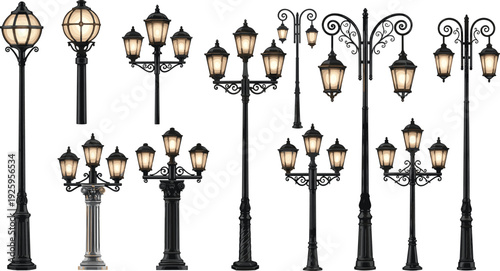 Collection of vintage street lamps isolated on white background, ornate classic lantern posts vector illustration set