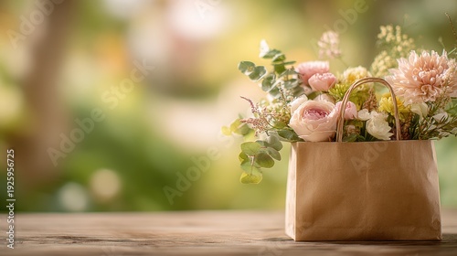 Spring season, garden, flower, fresh, life. A bouquet of flowers in a brown paper bag placed on a wooden table, with a blurred background suggesting a garden setting.