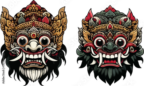 Detailed Digital Illustration Bundle of Six Authentic Balinese Demon Masks Showcasing Elaborate Patterns, Protruding Tusks, and Traditional Hindu Cultural Art Elements