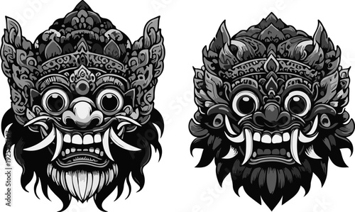 Detailed Digital Illustration Bundle of Six Authentic Balinese Demon Masks Showcasing Elaborate Patterns, Protruding Tusks, and Traditional Hindu Cultural Art Elements