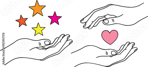 Helping hands line art vector illustration with heart and stars symbols, concept of care, support, kindness and sharing for charity, psychology and social design