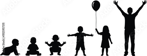 Human growth stages silhouettes from baby to adult isolated on white background, life cycle vector illustration concept