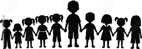 Children silhouettes holding hands isolated on white background, diverse kids group unity friendship vector illustration concept design