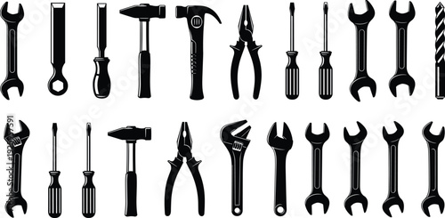 Hand tools silhouette set isolated on white background, wrench hammer pliers screwdriver drill vector illustration for construction repair