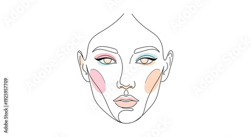 Woman's face with colorful makeup design and highlighted cheekbones on white background