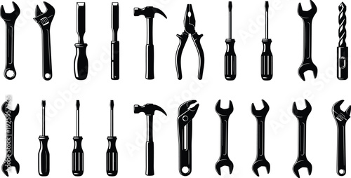 Hand tools silhouette collection isolated on white background, wrench hammer screwdriver pliers vector illustration set for construction and repair
