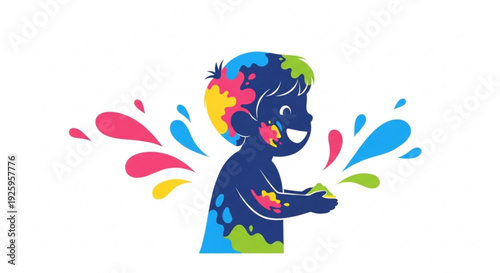 Colorful child silhouette with vibrant paint splatters on hands and face symbolizing creativity and joy in art