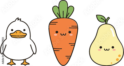 Cute cartoon characters vector illustration with duck, carrot and pear, smiling kawaii animal and healthy food icons isolated on white for kids and educational design