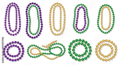 Mardi gras beads in purple green and gold colors festive carnival jewelry on white background for party decoration