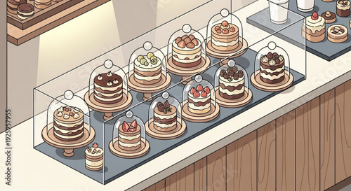 Assorted cakes with creative toppings on display under glass domes on a bakery counter with wooden paneling