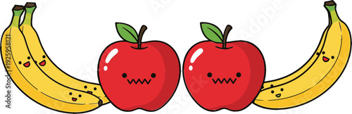 Cute smiling fruits cartoon vector illustration with happy apples and bananas, kawaii food characters isolated on white for kids, healthy eating and playful design projects