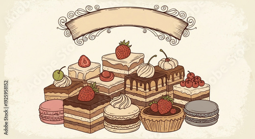 Assorted desserts with strawberries and cream on top sweet treats for bakery or cafe menu colorful pastries and cakes