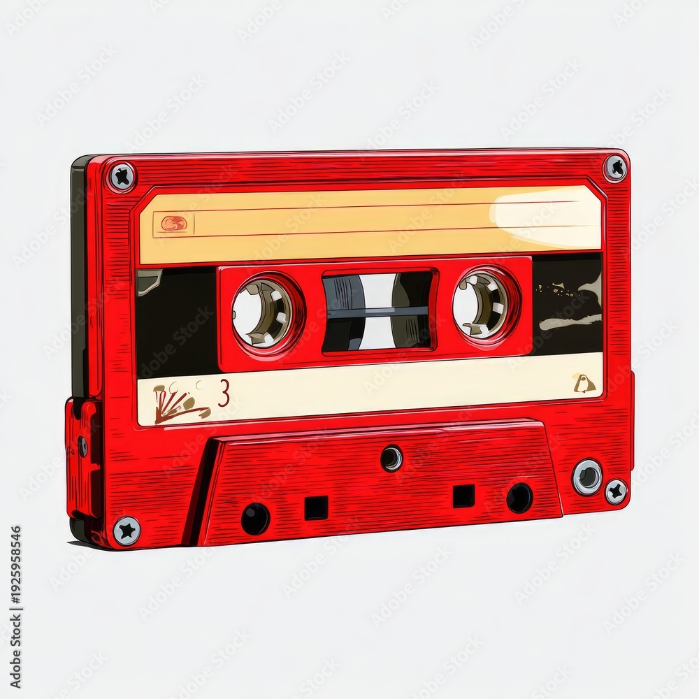 Naklejka premium Vintage red cassette tape with worn labels, isolated on a white background