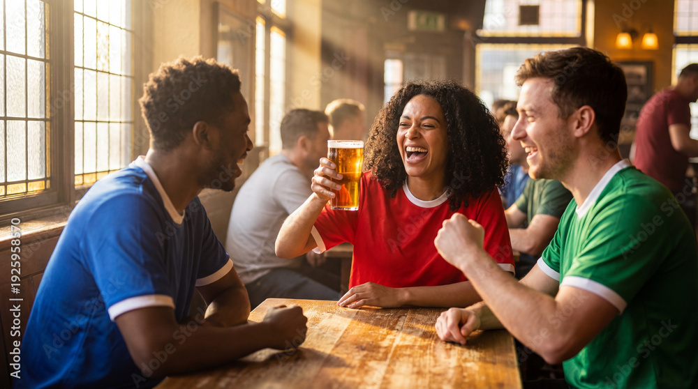Obraz premium Happy Diverse Friends in Jerseys Cheering with Beer at Pub