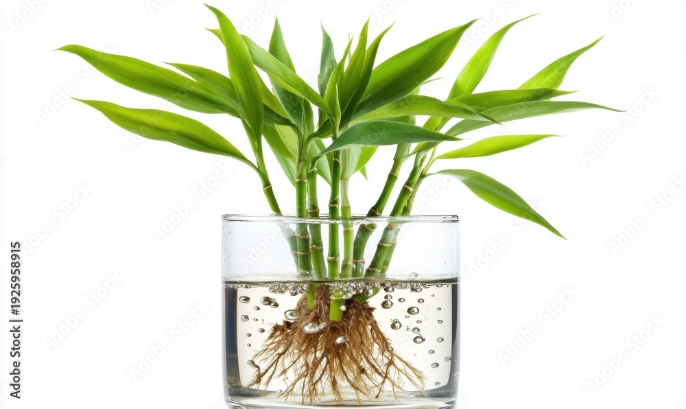 Fototapeta premium Small bamboo plant growing in water inside glass container indoor decor