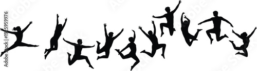 Group of jumping people silhouettes expressing joy, freedom and celebration in dynamic midair poses, active lifestyle concept isolated on white background vector illustration.