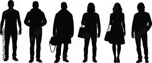 Group of standing people silhouettes representing diverse men and women, casual urban fashion, anonymous characters, community crowd concept, human figures isolated on white background.