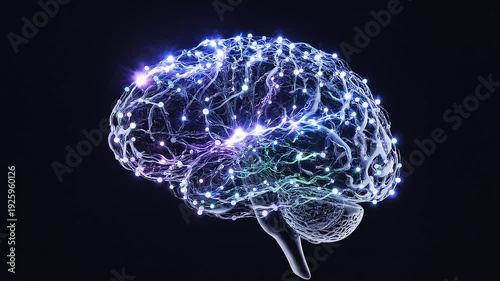 Human brain with glowing neural network, showcasing artificial intelligence concept on black background for technology and science illustrations
