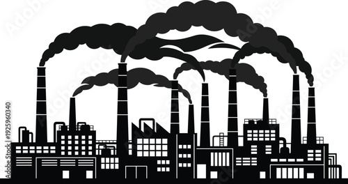 Industrial factory skyline with smokestacks emitting heavy pollution smoke, representing environmental contamination, air pollution crisis, carbon emissions, climate change impact, and global warming 