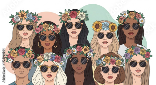 Diverse group of women wearing floral crowns and sunglasses standing together in a stylish and trendy illustration showcasing unity and friendship with colorful flowers and trendy