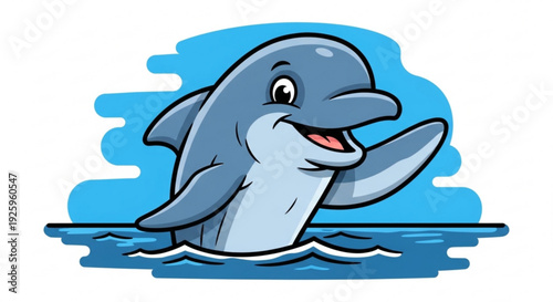 Smiling dolphin jumping out of ocean waves with blue background conveying happiness and freedom in a playful aquatic scene