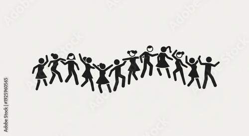 Diverse group of people dancing together in a joyful celebration hands raised in the air on a plain background
