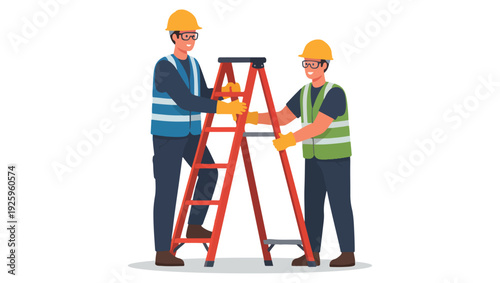Workplace Ladder Safety – Two Workers in High-Visibility Gear, Flat Vector Illustration on PNG Background, workplace safety, ladder safety, construction workers, occupational safety, 
