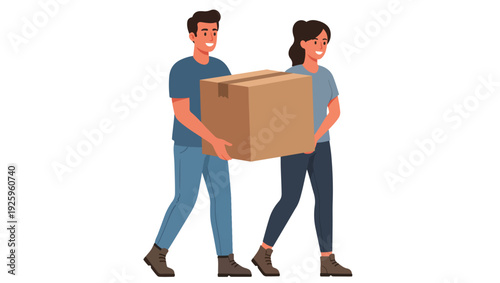 Teamwork in Moving – Two People Carrying a Large Box, Flat Vector Illustration on PNG Background, teamwork, manual labor, moving box, two people carrying box, delivery illustration, cooperative work, 