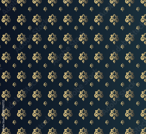 Seamless pattern of golden stars on a blue background featuring a vintage floral ornament design for holiday wallpaper decoration and vector art textile fabric